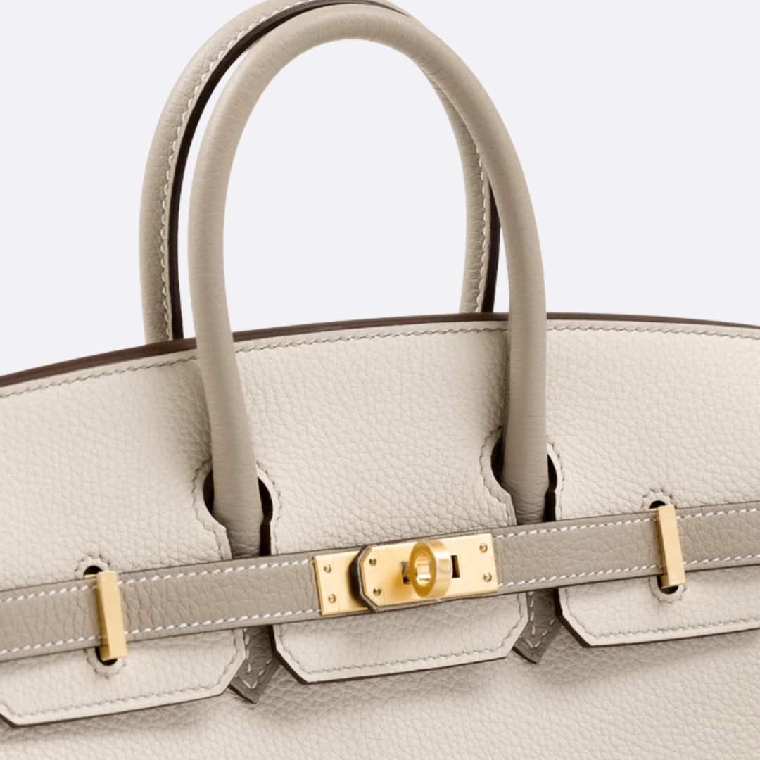 HERMÈS BIRKIN 25 HSS CRAIE/GRIS TOURTERELLE AUS TOGO-LEDER MIT GEBÜRSTETER GOLDENER HARDWARE